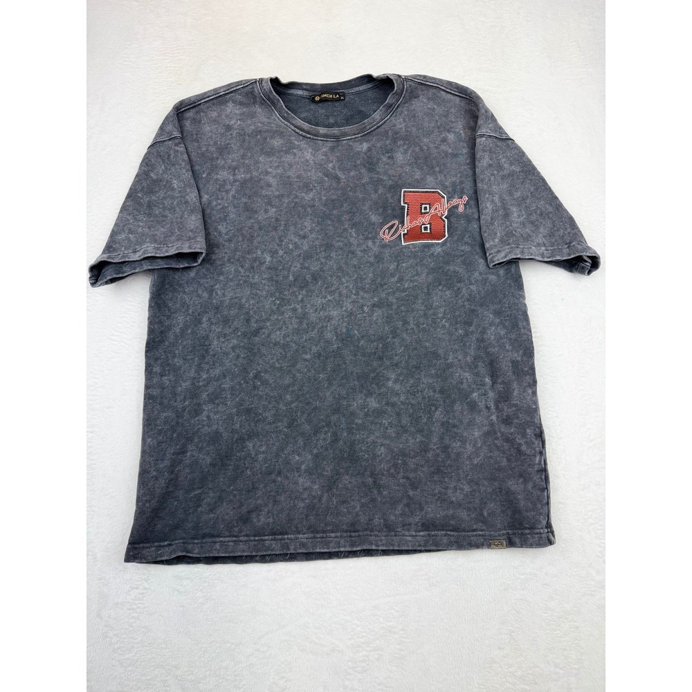 Finch LA Mens Acid Wash Chenille Patch Graphic T-Shirt Grey XL Streetwear Boxy